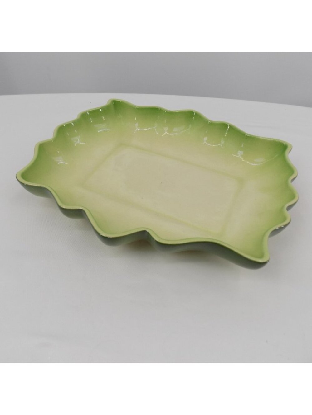 Los Angeles Potteries Green Ivory Ombre Console Bowl 11" x 9" Scalloped Vtg FLAW